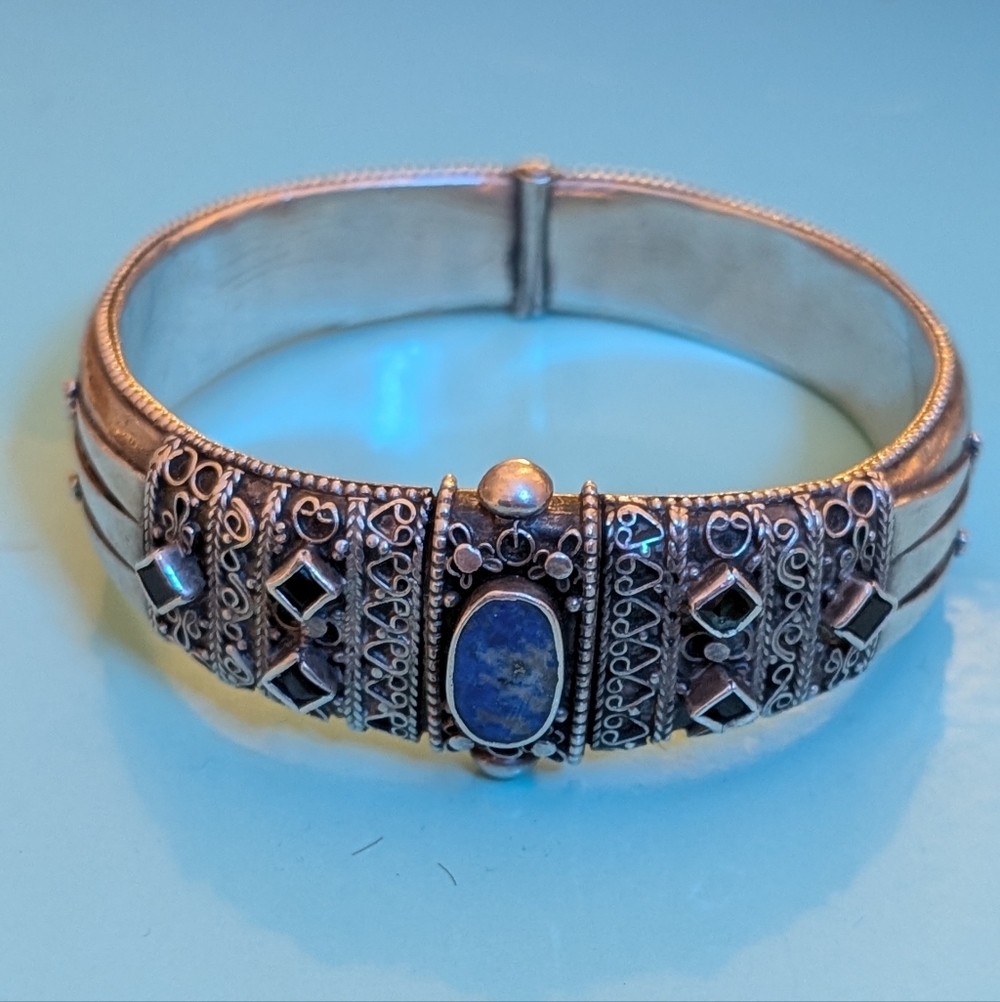 Genuine Silver Vintage Lapis Poison Locket Hinged Bracelet